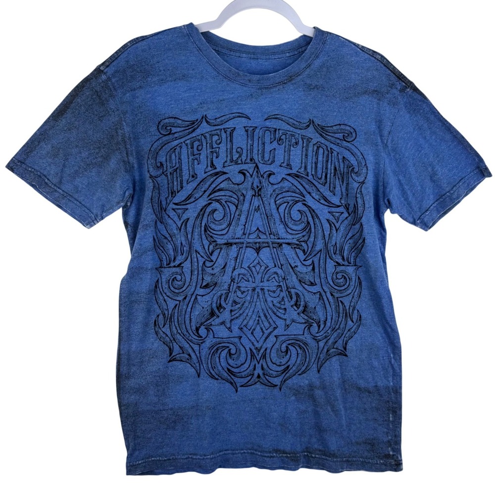 Affliction Mens Graphic T-Shirt Blue Distressed Acid Wash MMA Style Size Medium